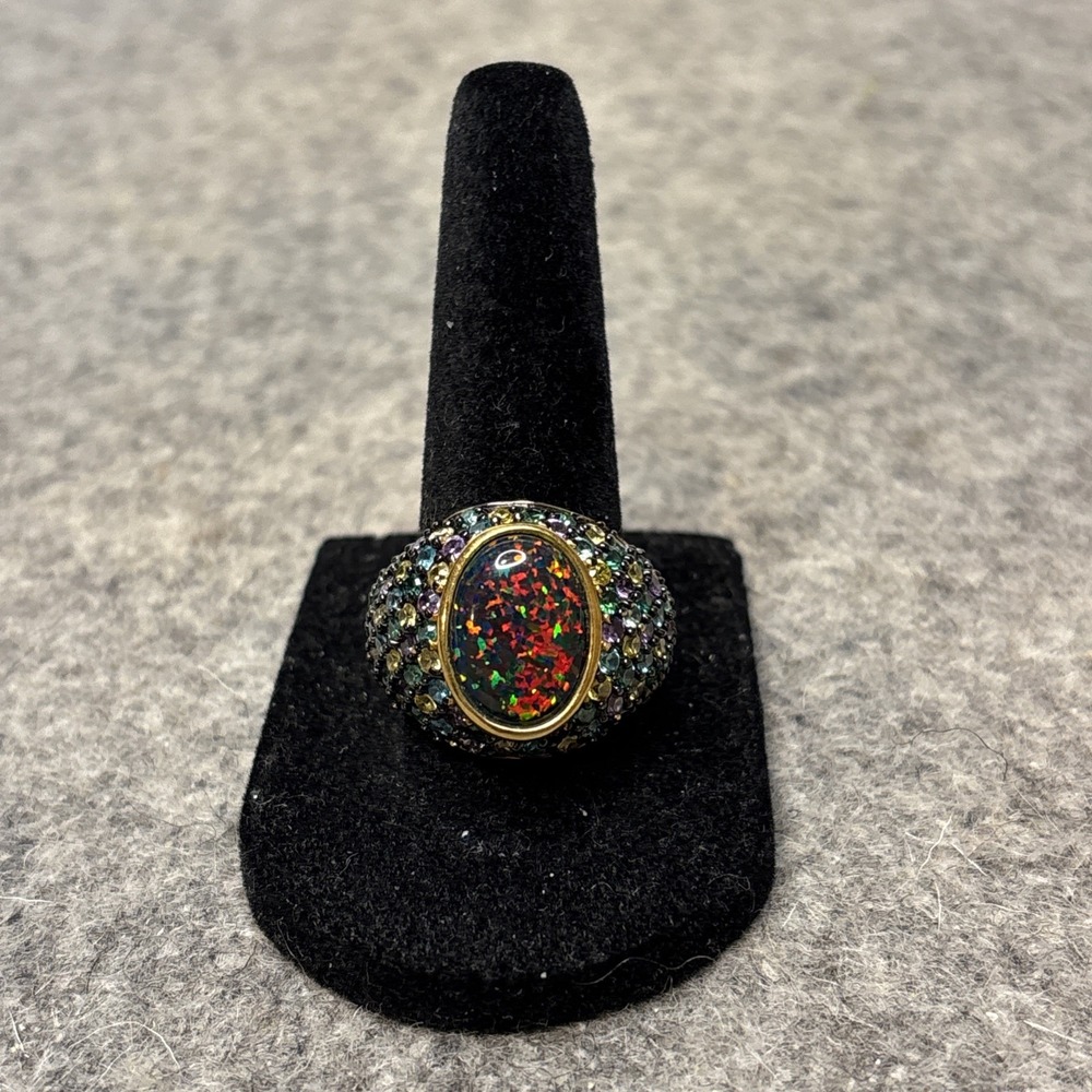 Vintage Rainbow Opal Effect & Crystals Vintage Cocktail Ring 925 UTC US Size 8
